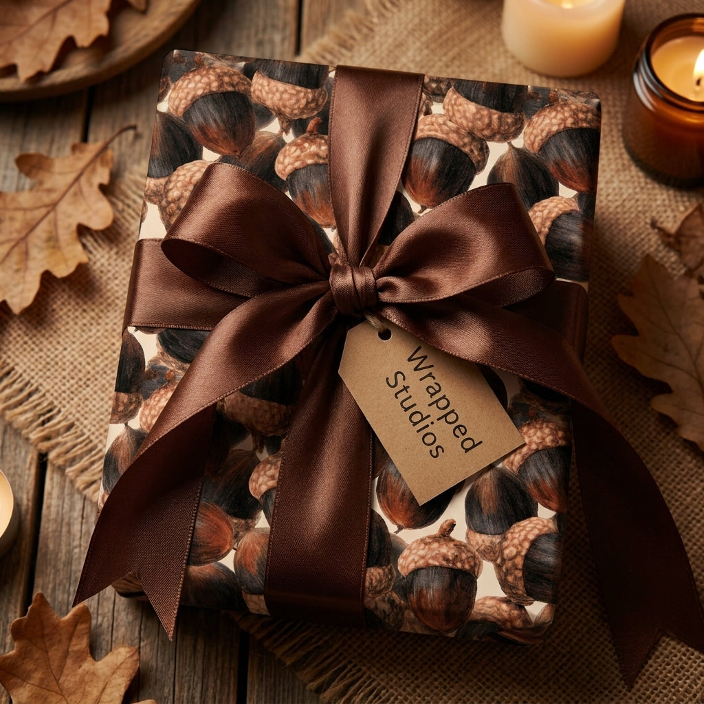 Rustic acorn pattern fall wrapping paper with a luxury brown satin bow by Wrapped Studios.
