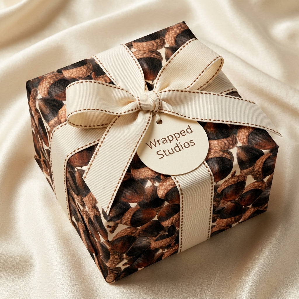 Rustic acorn wrapping paper on an autumn gift box with cream ribbon by Wrapped Studios.
