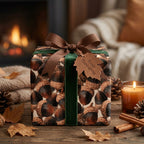 Rustic acorn wrapping paper with a green velvet ribbon for Thanksgiving by Wrapped Studios.