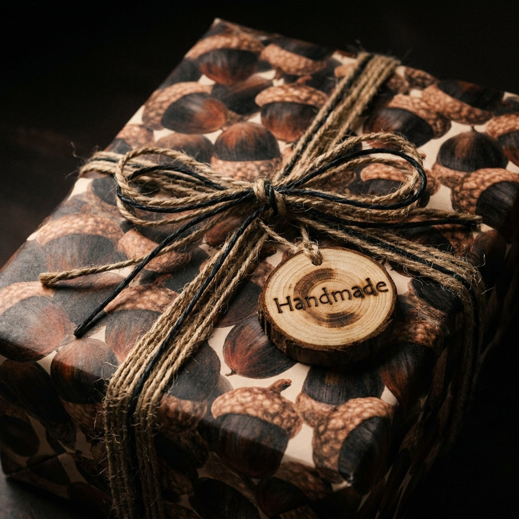 Rustic acorn wrapping paper with twine bow and handmade wooden tag by Wrapped Studios.