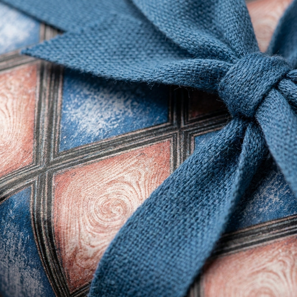 Rustic blue and terracotta geometric wrapping paper with a woven blue ribbon by Wrapped Studios.