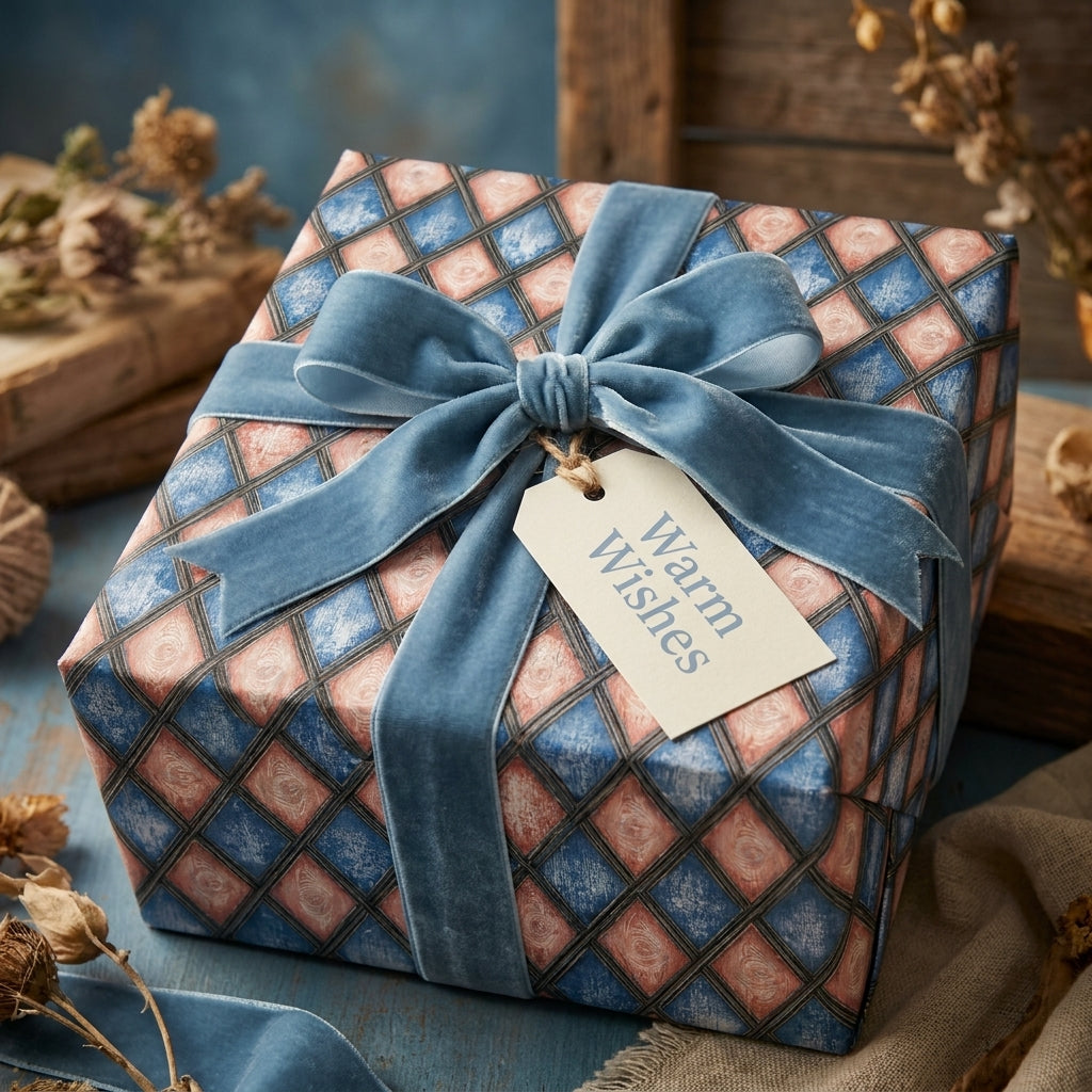 Vintage blue diamond wrapping paper with velvet ribbon and Warm Wishes gift tag by Wrapped Studios.