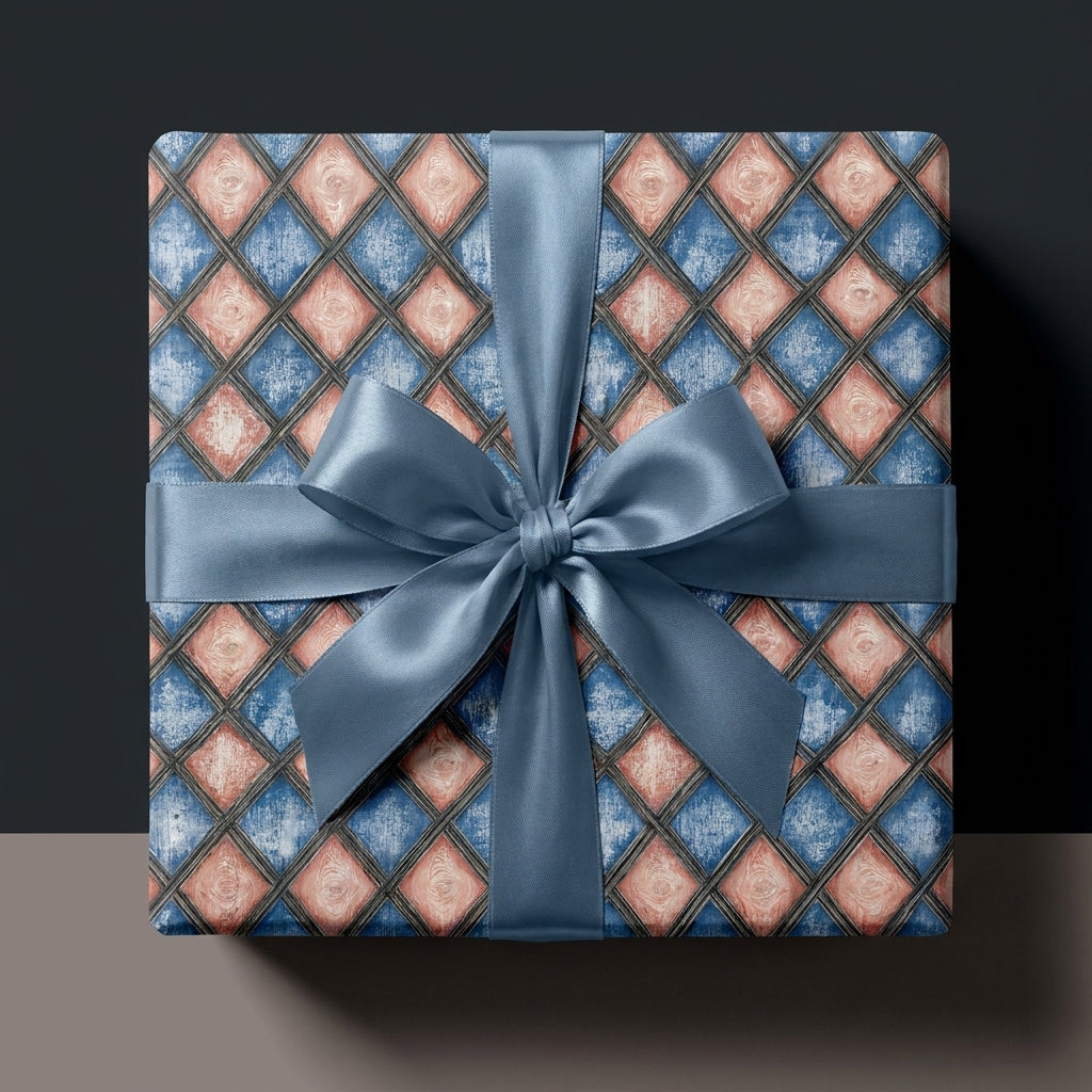 Vintage blue and pink geometric wrapping paper with a satin bow by Wrapped Studios.