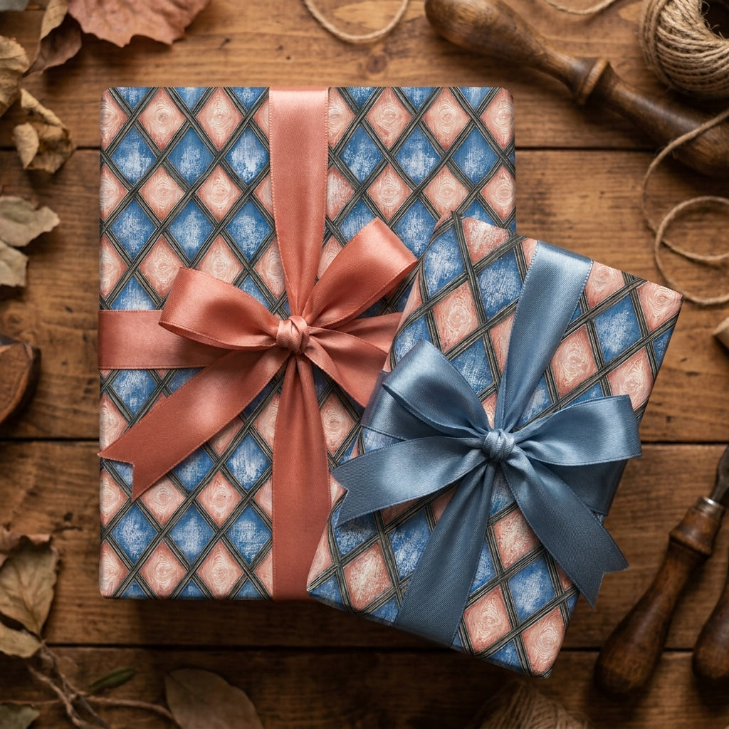 Vintage geometric wrapping paper in blue and rose diamond pattern by Wrapped Studios.