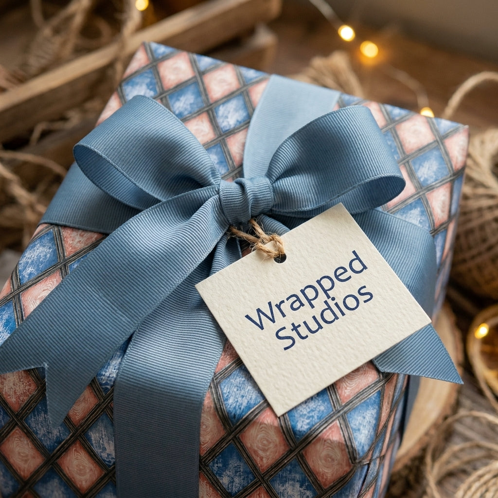 Vintage blue and pink diamond luxury wrapping paper with a large ribbon bow, from Wrapped Studios.