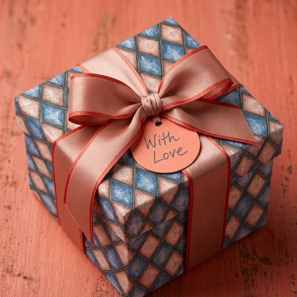 Luxury geometric wrapping paper on a gift box with a pink ribbon and 'With Love' tag by Wrapped Studios.