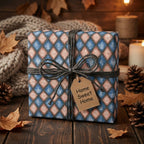 Rustic diamond housewarming wrapping paper with Home Sweet Home tag by Wrapped Studios.