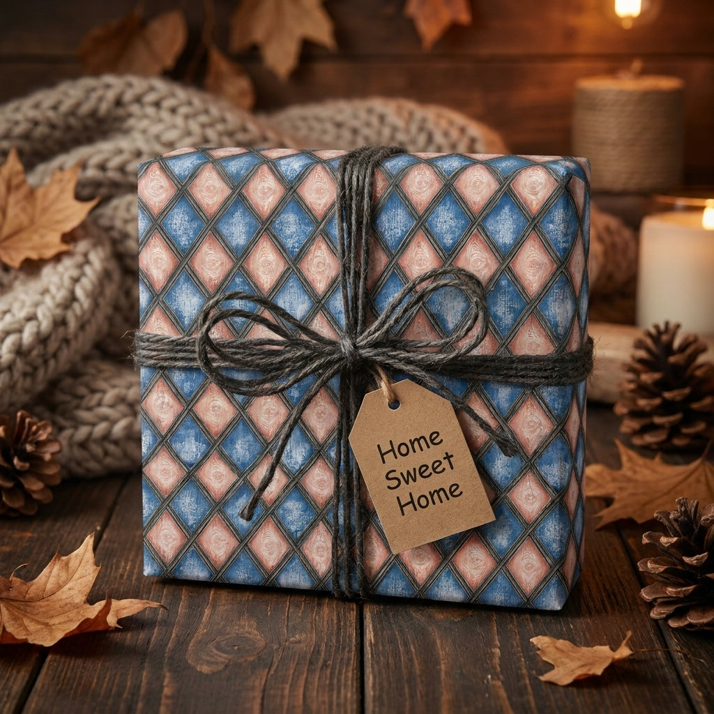 Rustic diamond housewarming wrapping paper with Home Sweet Home tag by Wrapped Studios.