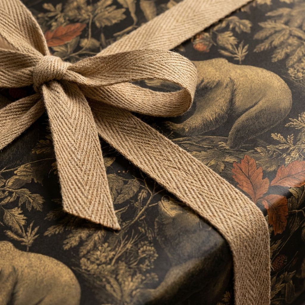 Rustic gift wrapped in forest animal wrapping paper with a neutral herringbone ribbon bow.