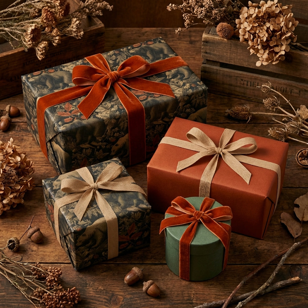 Rustic woodland wrapping paper on gifts with velvet ribbons for elegant fall or Christmas presents.