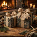 Rustic gift wrap with bear and foliage design, burlap ribbon, perfect for outdoorsy Christmas or birthday gifts.