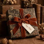 Elegant gift wrapped in botanical wrapping paper with velvet ribbon bow, tag reads "Stay Wild."