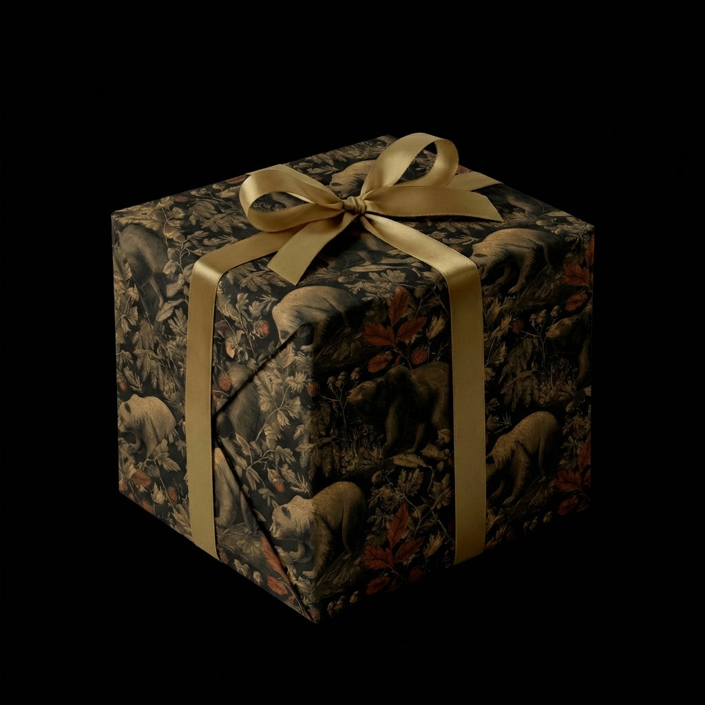 Elegant wildlife gift wrap, featuring a bear and leaf pattern, accented with a gold ribbon on a square present.