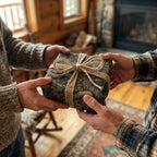 Exchanging a rustic woodland-themed gift wrapped in floral paper with a twine bow.