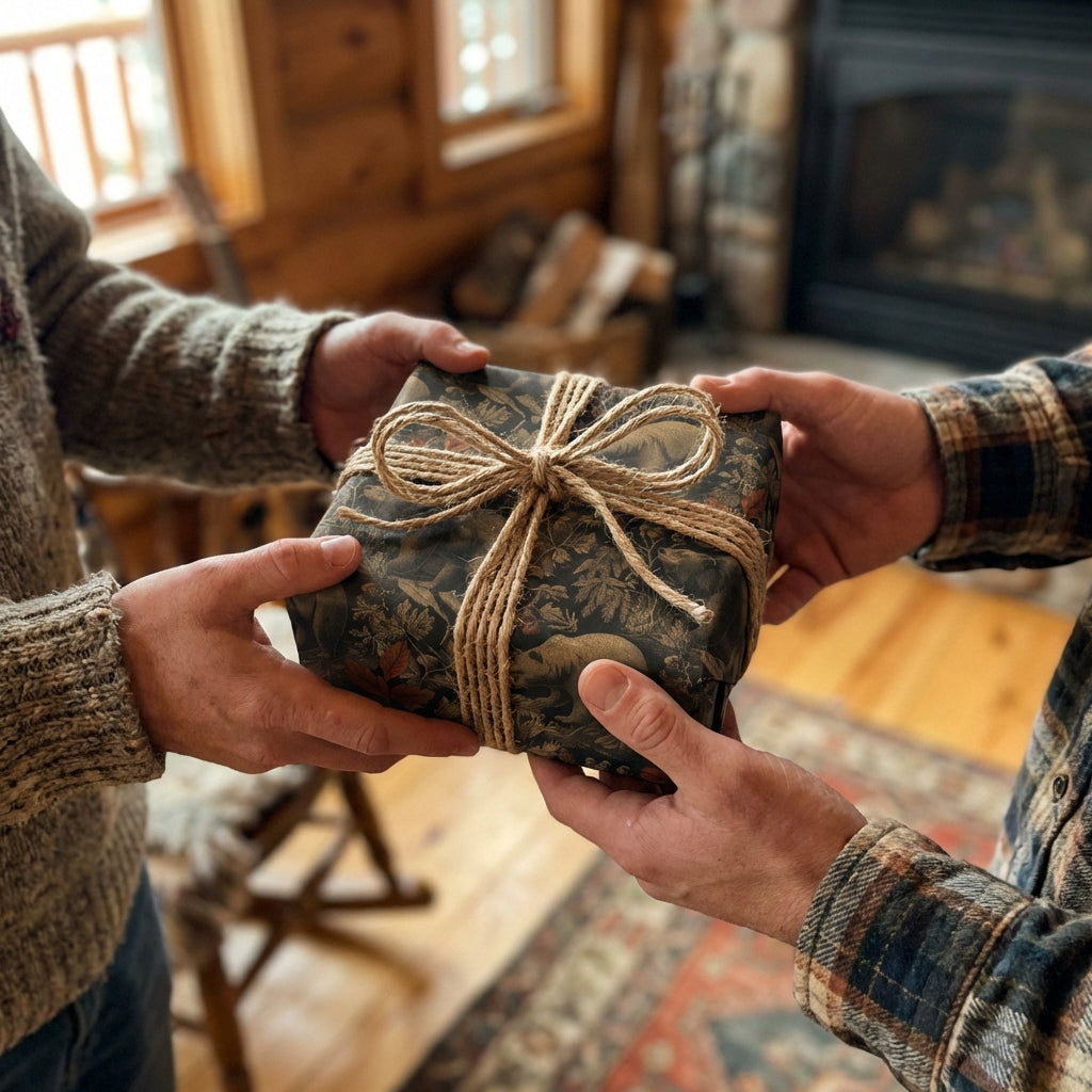 Exchanging a rustic woodland-themed gift wrapped in floral paper with a twine bow.