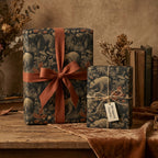 Elegant gift boxes wrapped in rustic bear print wrapping paper with brown ribbon, placed on a wooden table.