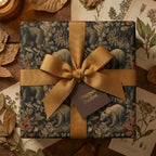 Square gift wrapped in luxury wildlife wrapping paper with a gold ribbon bow.