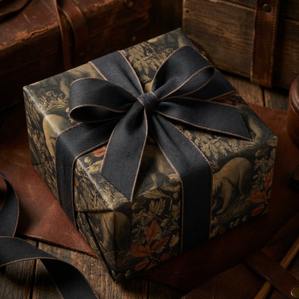 Elegant gift wrapped in wildlife-themed wrapping paper with black ribbon bow; rustic luxury for any occasion.