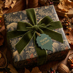 Square gift wrapped in rustic bear print paper, velvet green ribbon, and "Warm Wishes" tag.
