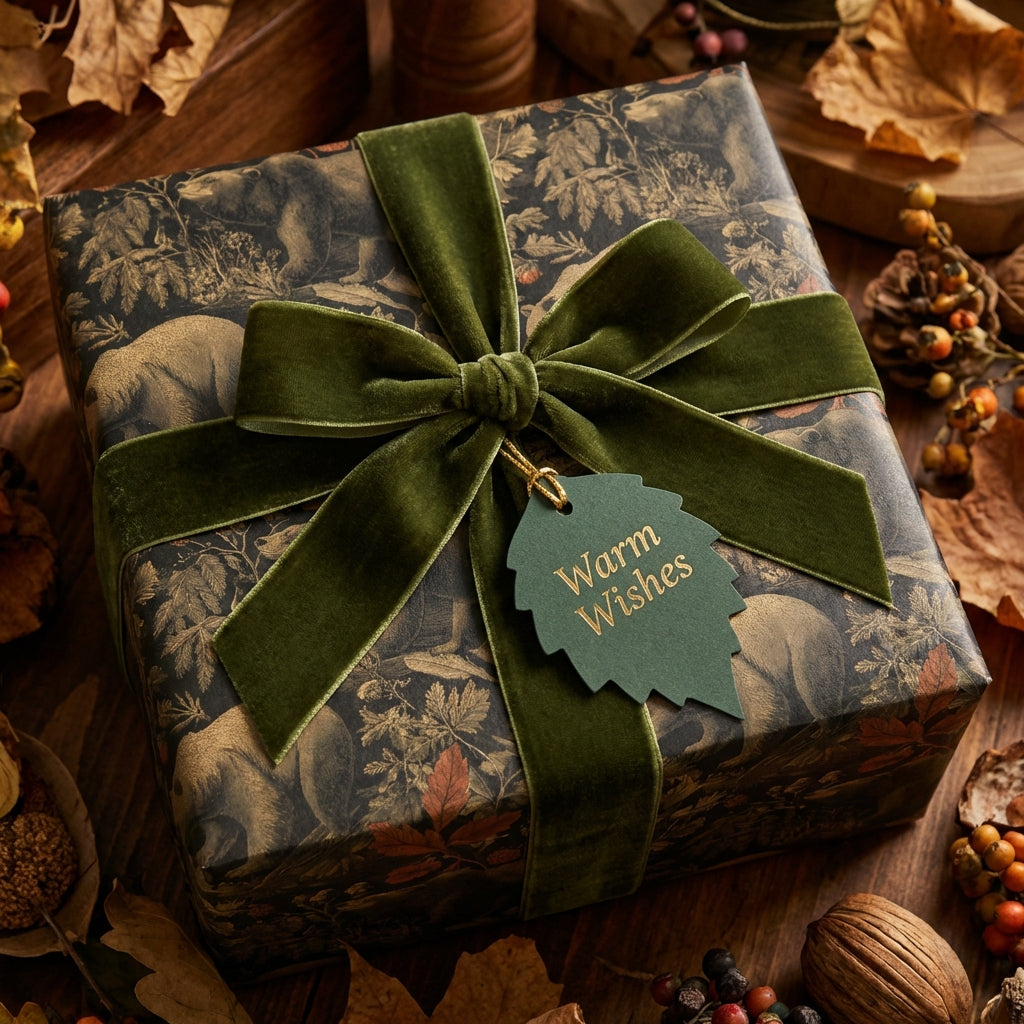 Square gift wrapped in rustic bear print paper, velvet green ribbon, and "Warm Wishes" tag.