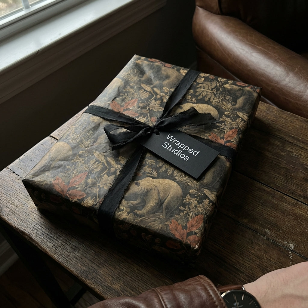 Rustic woodland wrapping paper with bear and leaf design, tied with a black ribbon.