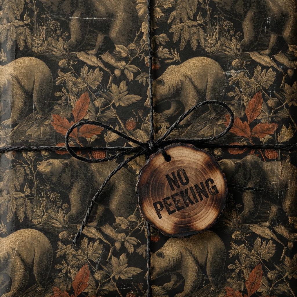 Rustic gift wrapped in vintage bear & berry wrapping paper with twine and wood slice tag reading "No Peeking."