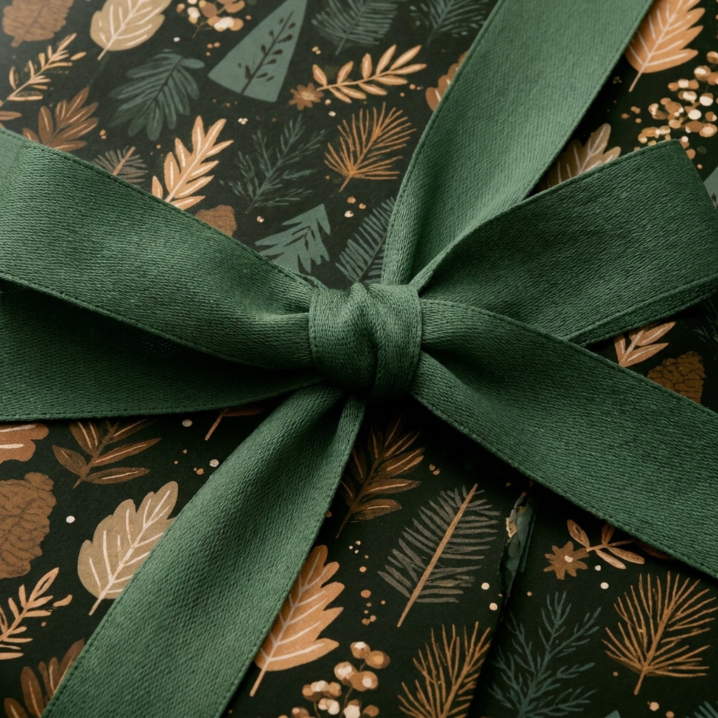 Rustic botanical Christmas wrapping paper with a green ribbon bow by Wrapped Studios.
