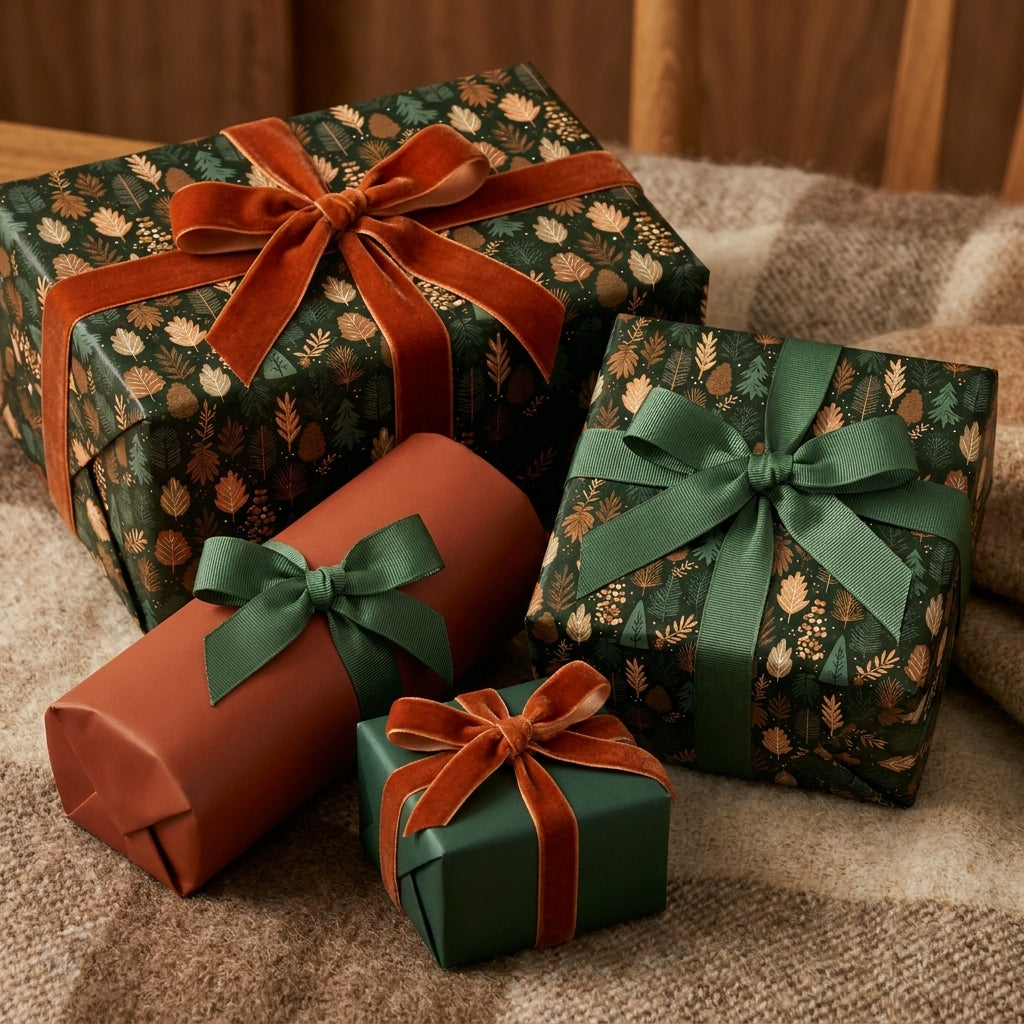 Elegant forest green and gold leaf Christmas wrapping paper with velvet ribbons by Wrapped Studios.