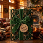 Rustic forest Christmas gift wrap with green velvet ribbon in a cozy cabin by Wrapped Studios.