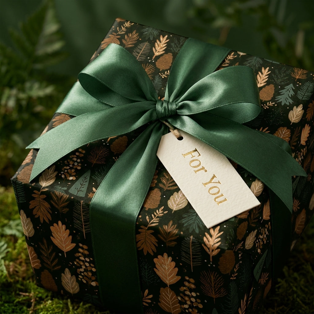 Woodland Christmas wrapping paper with a green satin bow and gold foil gift tag by Wrapped Studios.