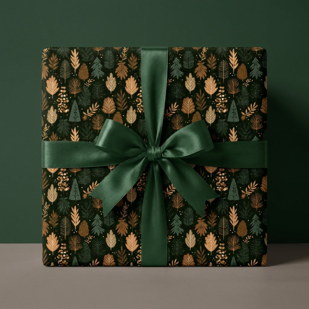 Luxury woodland wrapping paper with gold leaves and green satin bow by Wrapped Studios.