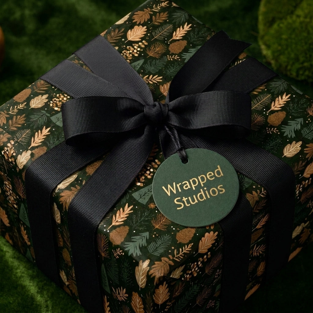 Luxury botanical Christmas wrapping paper with a black ribbon bow and a Wrapped Studios gift tag.
