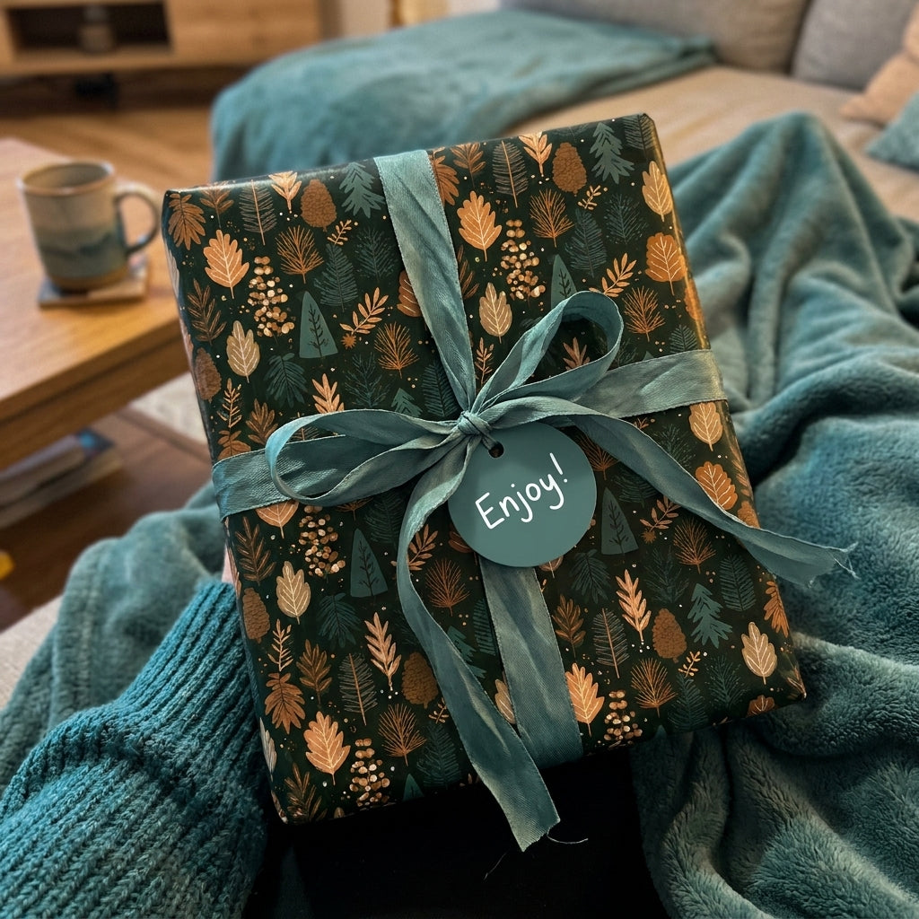 Woodland Christmas wrapping paper with a teal ribbon and "Enjoy!" tag by Wrapped Studios.