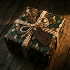 Woodland Christmas wrapping paper with rustic forest trees and twine by Wrapped Studios.