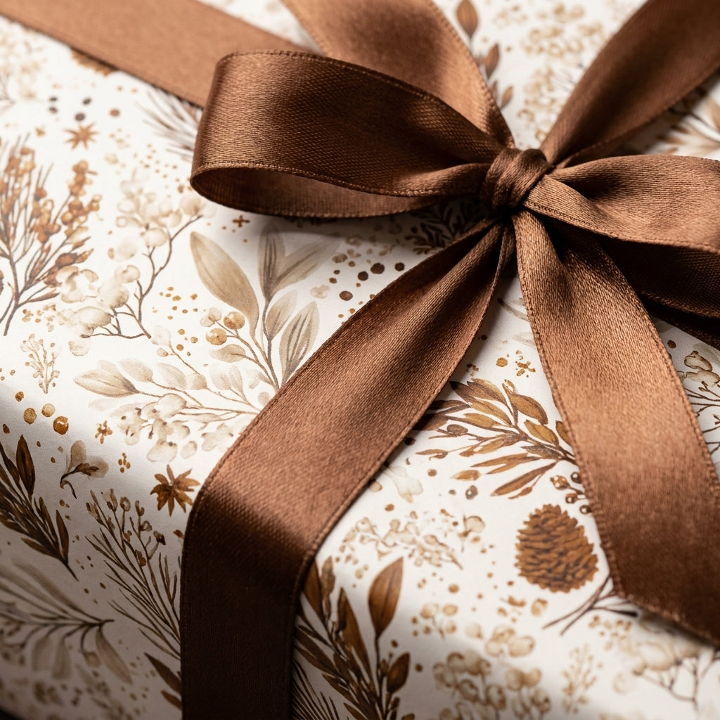 Rustic botanical Christmas wrapping paper with a brown satin bow by Wrapped Studios.