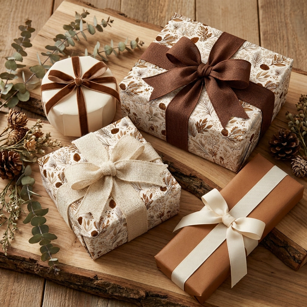 Rustic woodland wrapping paper with botanical prints and elegant ribbons by Wrapped Studios.
