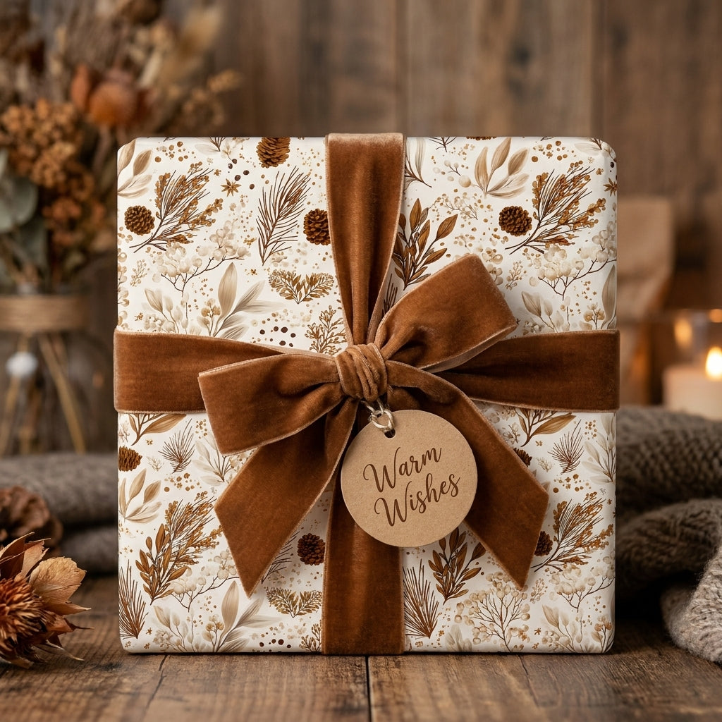 Rustic Christmas wrapping paper with botanical pinecone print and brown velvet bow by Wrapped Studios.