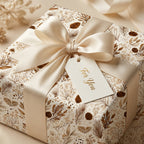 Rustic winter botanical wrapping paper with cream satin bow and gift tag by Wrapped Studios.