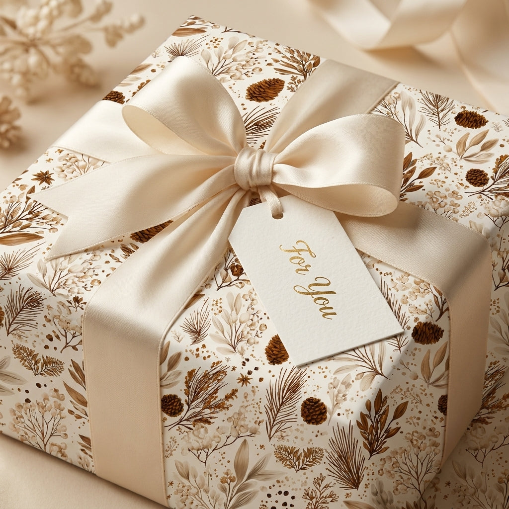 Rustic winter botanical wrapping paper with cream satin bow and gift tag by Wrapped Studios.