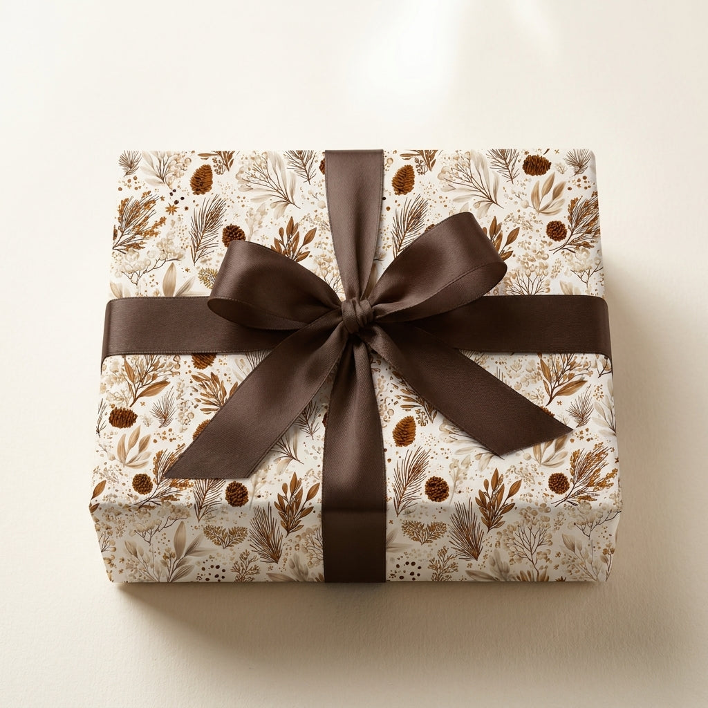 Rustic woodland Christmas wrapping paper with pinecones and a brown bow by Wrapped Studios.