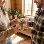 Couple exchanging a gift in rustic woodland wrapping paper with a burlap bow by Wrapped Studios.