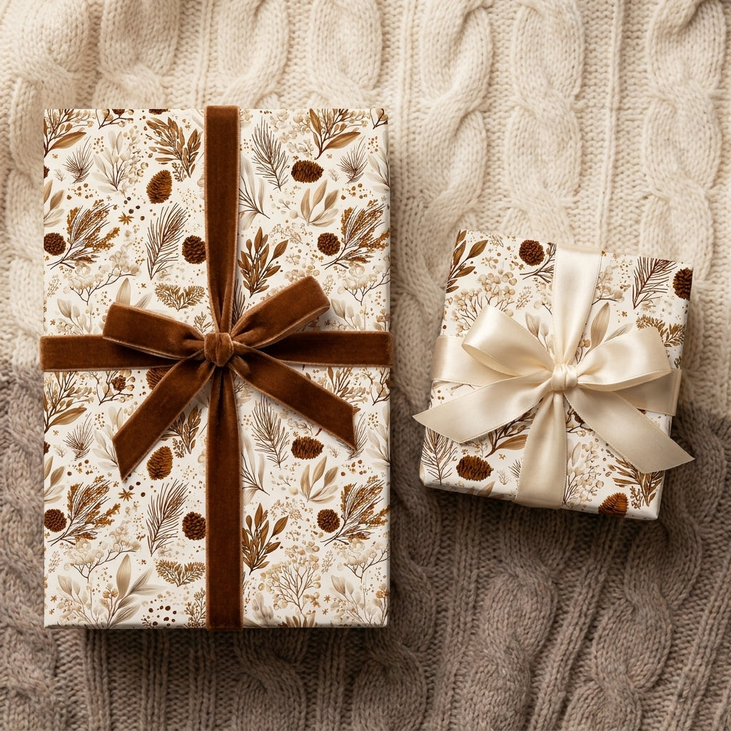 Rustic Christmas wrapping paper with botanical pinecone pattern and velvet bows by Wrapped Studios.