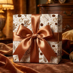 Rustic botanical Christmas wrapping paper with a bronze satin bow by Wrapped Studios.