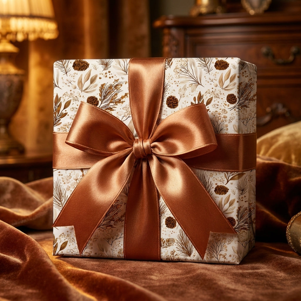 Rustic botanical Christmas wrapping paper with a bronze satin bow by Wrapped Studios.