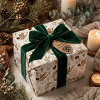 Rustic botanical Christmas wrapping paper with a dark green velvet bow by Wrapped Studios.