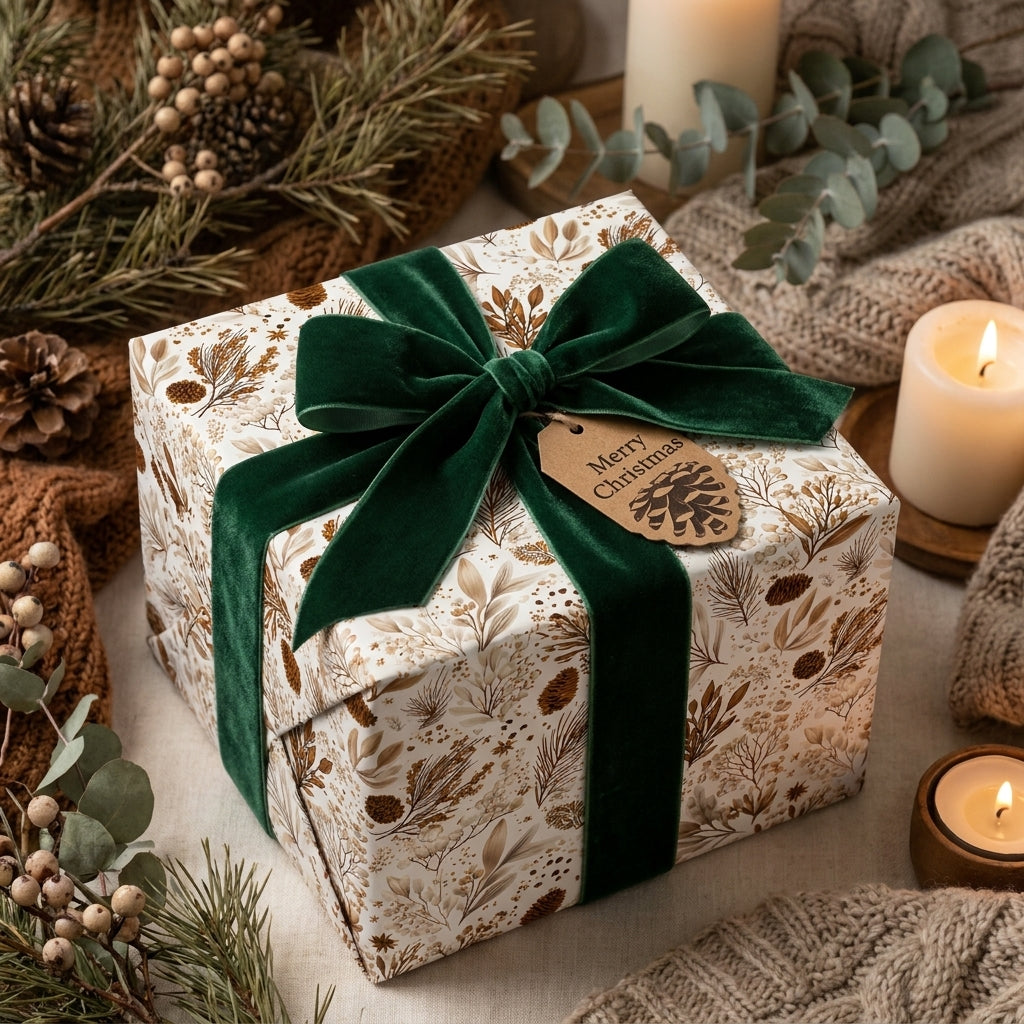Rustic botanical Christmas wrapping paper with a dark green velvet bow by Wrapped Studios.