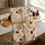 Rustic botanical Christmas wrapping paper with a pinecone pattern and twine bow by Wrapped Studios.