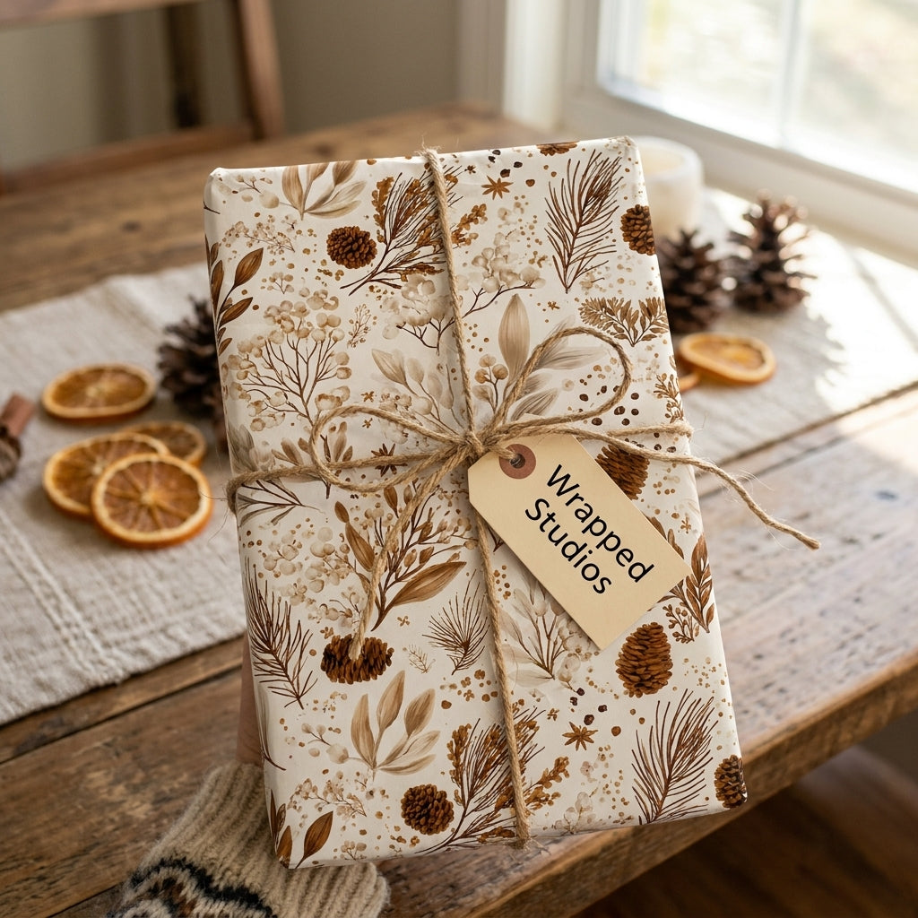 Rustic botanical Christmas wrapping paper with a pinecone pattern and twine bow by Wrapped Studios.