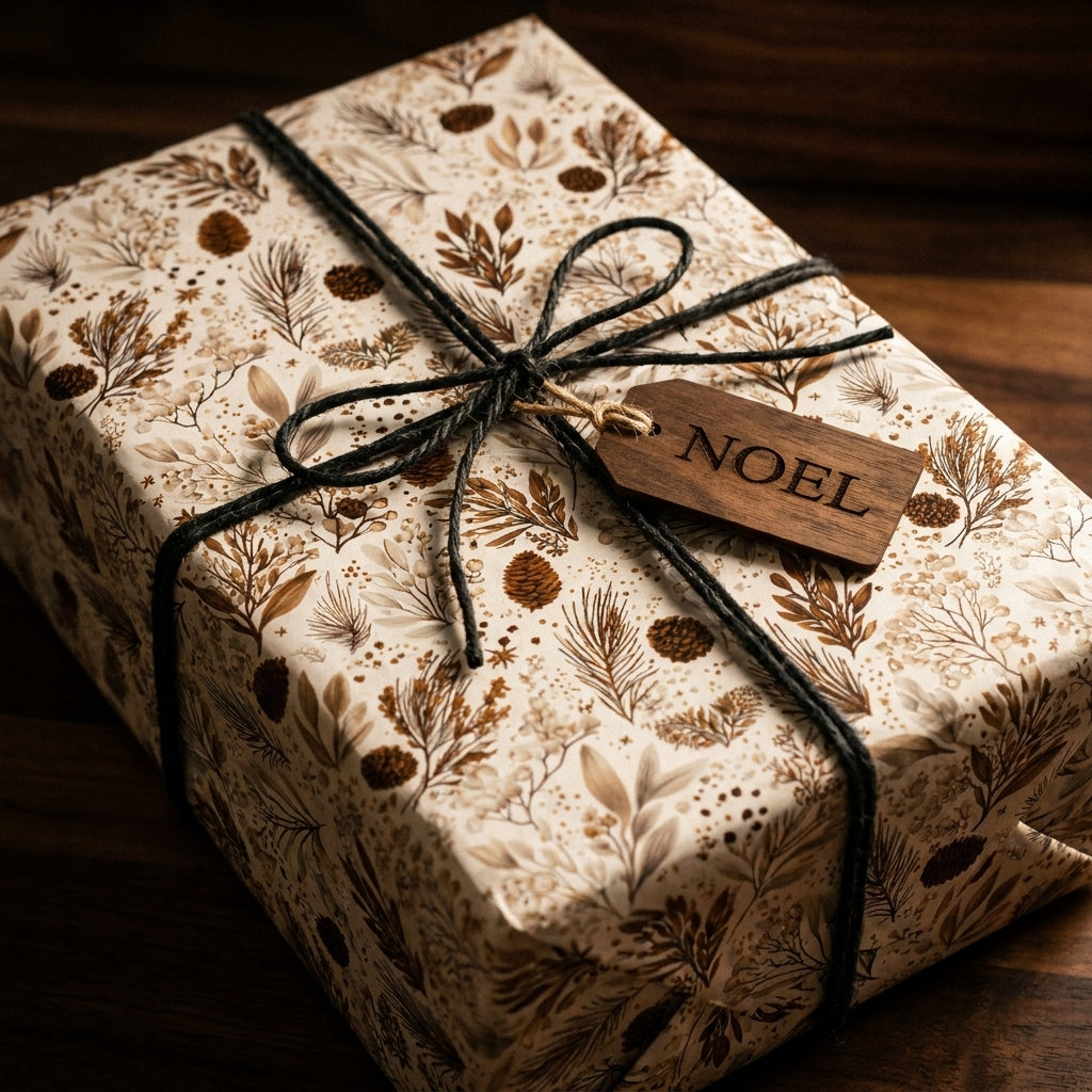 Vintage Christmas gift wrap with woodland pinecone pattern, dark twine, and a wooden Noel tag by Wrapped Studios.