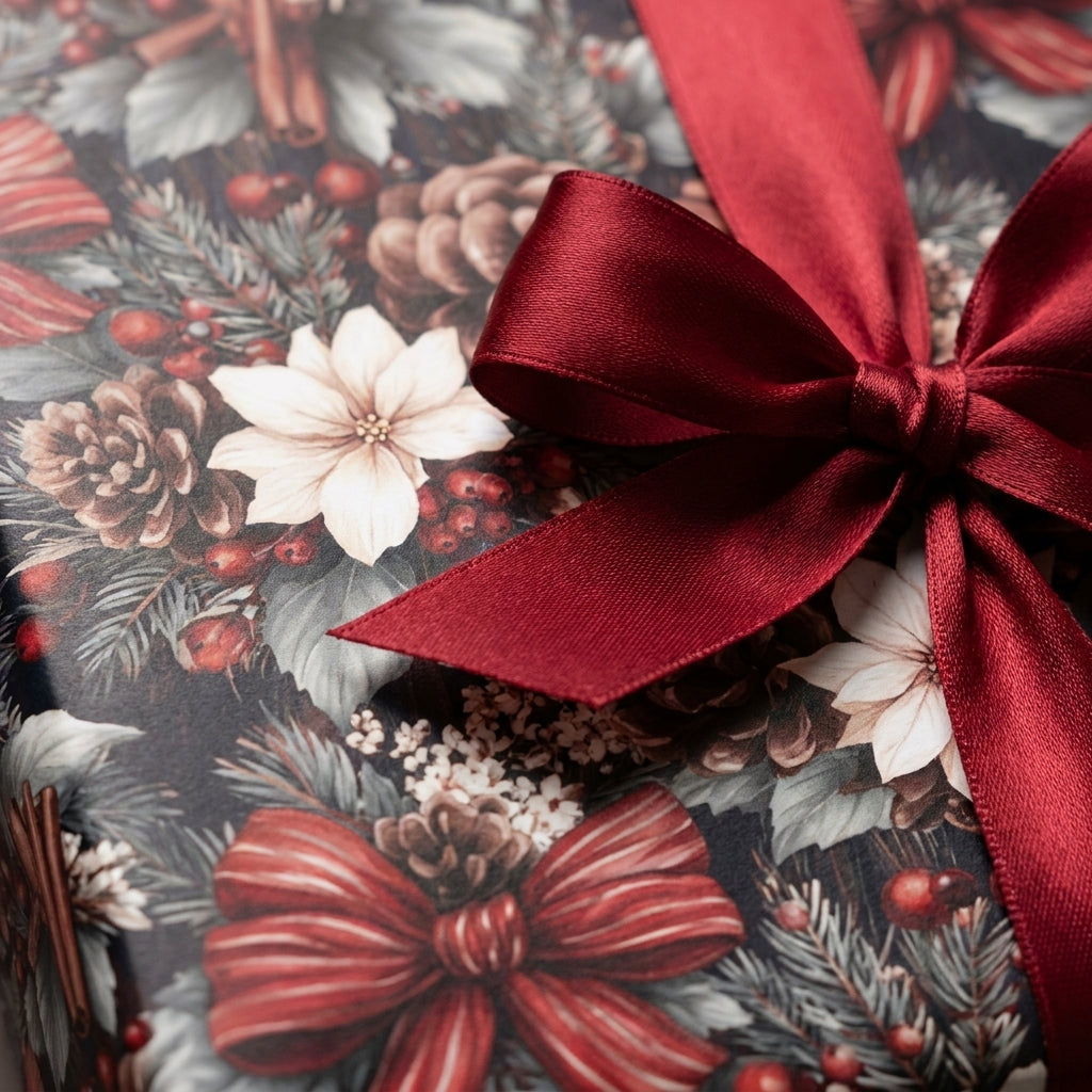 Vintage Christmas wrapping paper with white poinsettias and a red satin ribbon bow by Wrapped Studios.